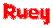 The image is a red and white graphic with the word Ruey written in a decorative script. Each letter in  is contained within its own outlined bubble-like shape. Inside each letter, there is a white heart symbol.