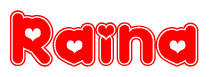 The image is a red and white graphic with the word Raina written in a decorative script. Each letter in  is contained within its own outlined bubble-like shape. Inside each letter, there is a white heart symbol.