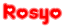 The image is a clipart featuring the word Rosyo written in a stylized font with a heart shape replacing inserted into the center of each letter. The color scheme of the text and hearts is red with a light outline.