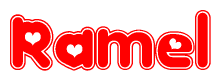 The image is a red and white graphic with the word Ramel written in a decorative script. Each letter in  is contained within its own outlined bubble-like shape. Inside each letter, there is a white heart symbol.