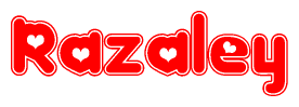 The image is a red and white graphic with the word Razaley written in a decorative script. Each letter in  is contained within its own outlined bubble-like shape. Inside each letter, there is a white heart symbol.