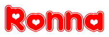 The image is a clipart featuring the word Ronna written in a stylized font with a heart shape replacing inserted into the center of each letter. The color scheme of the text and hearts is red with a light outline.