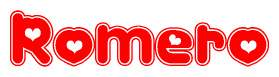 The image is a red and white graphic with the word Romero written in a decorative script. Each letter in  is contained within its own outlined bubble-like shape. Inside each letter, there is a white heart symbol.