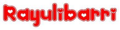 The image is a red and white graphic with the word Rayulibarri written in a decorative script. Each letter in  is contained within its own outlined bubble-like shape. Inside each letter, there is a white heart symbol.