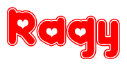 The image is a red and white graphic with the word Raqy written in a decorative script. Each letter in  is contained within its own outlined bubble-like shape. Inside each letter, there is a white heart symbol.