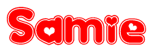 The image is a red and white graphic with the word Samie written in a decorative script. Each letter in  is contained within its own outlined bubble-like shape. Inside each letter, there is a white heart symbol.