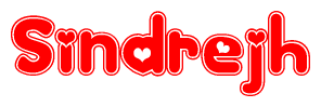 The image is a red and white graphic with the word Sindrejh written in a decorative script. Each letter in  is contained within its own outlined bubble-like shape. Inside each letter, there is a white heart symbol.
