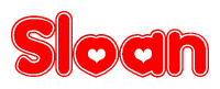 The image is a clipart featuring the word Sloan written in a stylized font with a heart shape replacing inserted into the center of each letter. The color scheme of the text and hearts is red with a light outline.