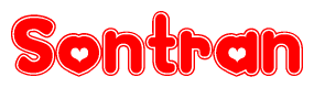 The image is a red and white graphic with the word Sontran written in a decorative script. Each letter in  is contained within its own outlined bubble-like shape. Inside each letter, there is a white heart symbol.