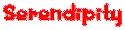 The image displays the word Serendipity written in a stylized red font with hearts inside the letters.