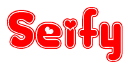 The image is a red and white graphic with the word Seify written in a decorative script. Each letter in  is contained within its own outlined bubble-like shape. Inside each letter, there is a white heart symbol.