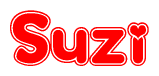 The image is a red and white graphic with the word Suzi written in a decorative script. Each letter in  is contained within its own outlined bubble-like shape. Inside each letter, there is a white heart symbol.