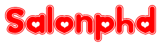 The image is a red and white graphic with the word Salonphd written in a decorative script. Each letter in  is contained within its own outlined bubble-like shape. Inside each letter, there is a white heart symbol.