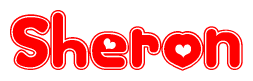 The image is a red and white graphic with the word Sheron written in a decorative script. Each letter in  is contained within its own outlined bubble-like shape. Inside each letter, there is a white heart symbol.