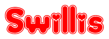 The image is a red and white graphic with the word Swillis written in a decorative script. Each letter in  is contained within its own outlined bubble-like shape. Inside each letter, there is a white heart symbol.