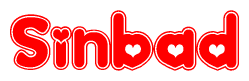 The image is a red and white graphic with the word Sinbad written in a decorative script. Each letter in  is contained within its own outlined bubble-like shape. Inside each letter, there is a white heart symbol.