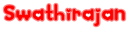 The image is a red and white graphic with the word Swathirajan written in a decorative script. Each letter in  is contained within its own outlined bubble-like shape. Inside each letter, there is a white heart symbol.