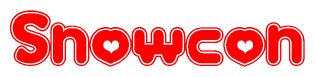 The image is a clipart featuring the word Snowcon written in a stylized font with a heart shape replacing inserted into the center of each letter. The color scheme of the text and hearts is red with a light outline.