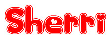 The image is a red and white graphic with the word Sherri written in a decorative script. Each letter in  is contained within its own outlined bubble-like shape. Inside each letter, there is a white heart symbol.