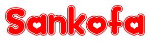 The image displays the word Sankofa written in a stylized red font with hearts inside the letters.