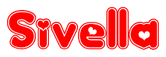 The image is a red and white graphic with the word Sivella written in a decorative script. Each letter in  is contained within its own outlined bubble-like shape. Inside each letter, there is a white heart symbol.
