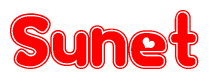 The image is a red and white graphic with the word Sunet written in a decorative script. Each letter in  is contained within its own outlined bubble-like shape. Inside each letter, there is a white heart symbol.