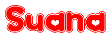 The image is a clipart featuring the word Suana written in a stylized font with a heart shape replacing inserted into the center of each letter. The color scheme of the text and hearts is red with a light outline.