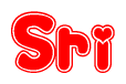 The image is a red and white graphic with the word Sri written in a decorative script. Each letter in  is contained within its own outlined bubble-like shape. Inside each letter, there is a white heart symbol.