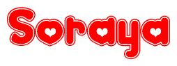 The image is a clipart featuring the word Soraya written in a stylized font with a heart shape replacing inserted into the center of each letter. The color scheme of the text and hearts is red with a light outline.