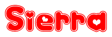 The image is a red and white graphic with the word Sierra written in a decorative script. Each letter in  is contained within its own outlined bubble-like shape. Inside each letter, there is a white heart symbol.
