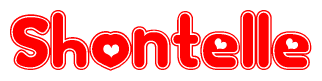 The image is a red and white graphic with the word Shontelle written in a decorative script. Each letter in  is contained within its own outlined bubble-like shape. Inside each letter, there is a white heart symbol.