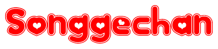 The image is a red and white graphic with the word Songgechan written in a decorative script. Each letter in  is contained within its own outlined bubble-like shape. Inside each letter, there is a white heart symbol.