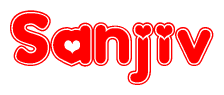 The image is a red and white graphic with the word Sanjiv written in a decorative script. Each letter in  is contained within its own outlined bubble-like shape. Inside each letter, there is a white heart symbol.