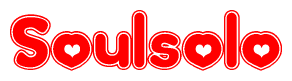 The image is a red and white graphic with the word Soulsolo written in a decorative script. Each letter in  is contained within its own outlined bubble-like shape. Inside each letter, there is a white heart symbol.