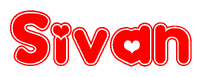   The image is a red and white graphic with the word Sivan written in a decorative script. Each letter in  is contained within its own outlined bubble-like shape. Inside each letter, there is a white heart symbol. 