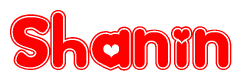 The image is a red and white graphic with the word Shanin written in a decorative script. Each letter in  is contained within its own outlined bubble-like shape. Inside each letter, there is a white heart symbol.