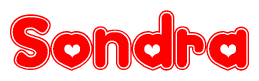 The image is a red and white graphic with the word Sondra written in a decorative script. Each letter in  is contained within its own outlined bubble-like shape. Inside each letter, there is a white heart symbol.
