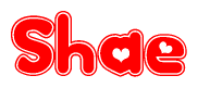 The image is a red and white graphic with the word Shae written in a decorative script. Each letter in  is contained within its own outlined bubble-like shape. Inside each letter, there is a white heart symbol.
