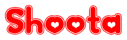 The image is a red and white graphic with the word Shoota written in a decorative script. Each letter in  is contained within its own outlined bubble-like shape. Inside each letter, there is a white heart symbol.