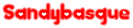 The image is a clipart featuring the word Sandybasque written in a stylized font with a heart shape replacing inserted into the center of each letter. The color scheme of the text and hearts is red with a light outline.