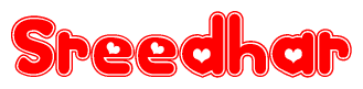 The image is a clipart featuring the word Sreedhar written in a stylized font with a heart shape replacing inserted into the center of each letter. The color scheme of the text and hearts is red with a light outline.