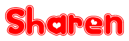 The image is a red and white graphic with the word Sharen written in a decorative script. Each letter in  is contained within its own outlined bubble-like shape. Inside each letter, there is a white heart symbol.