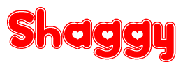 The image is a red and white graphic with the word Shaggy written in a decorative script. Each letter in  is contained within its own outlined bubble-like shape. Inside each letter, there is a white heart symbol.