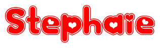 The image is a red and white graphic with the word Stephaie written in a decorative script. Each letter in  is contained within its own outlined bubble-like shape. Inside each letter, there is a white heart symbol.