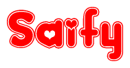 The image is a red and white graphic with the word Saify written in a decorative script. Each letter in  is contained within its own outlined bubble-like shape. Inside each letter, there is a white heart symbol.