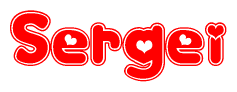 The image is a red and white graphic with the word Sergei written in a decorative script. Each letter in  is contained within its own outlined bubble-like shape. Inside each letter, there is a white heart symbol.