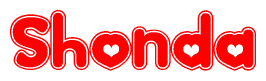 The image is a clipart featuring the word Shonda written in a stylized font with a heart shape replacing inserted into the center of each letter. The color scheme of the text and hearts is red with a light outline.