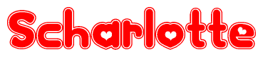 The image is a clipart featuring the word Scharlotte written in a stylized font with a heart shape replacing inserted into the center of each letter. The color scheme of the text and hearts is red with a light outline.