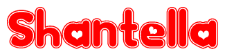 The image is a red and white graphic with the word Shantella written in a decorative script. Each letter in  is contained within its own outlined bubble-like shape. Inside each letter, there is a white heart symbol.