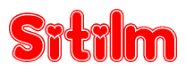 The image is a red and white graphic with the word Sitilm written in a decorative script. Each letter in  is contained within its own outlined bubble-like shape. Inside each letter, there is a white heart symbol.